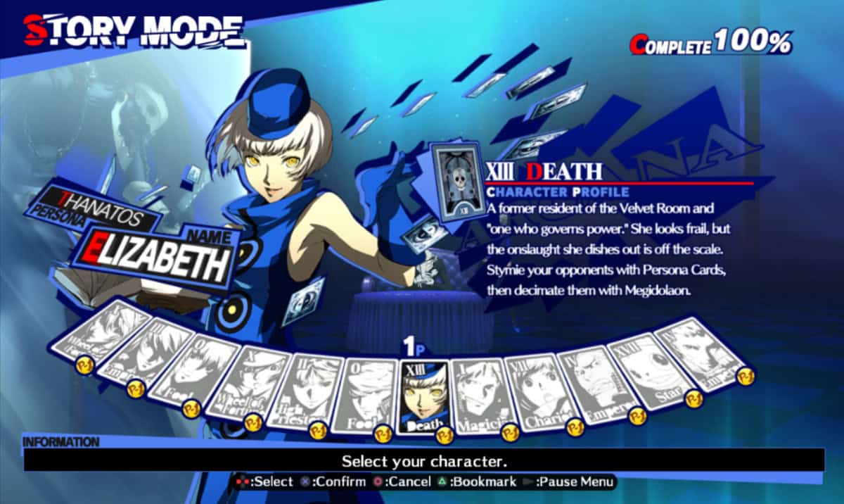 Persona 4 Arena 100% Story Mode Completion Character Select Menu